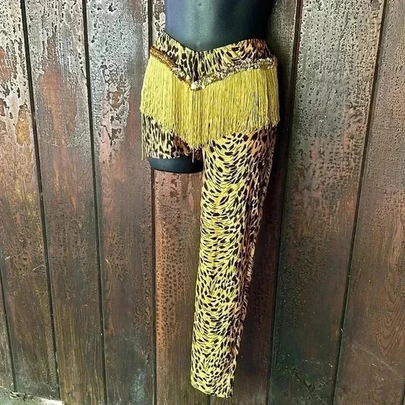 Vintage One Leg Leopard Cheetah Animal Print Leggings Fringe Sequins 80s 90s - Picture 2 of 7